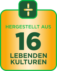 Sticker mit Aufschrift 'Hergestellt aus 16 lebenden Kulturen'.